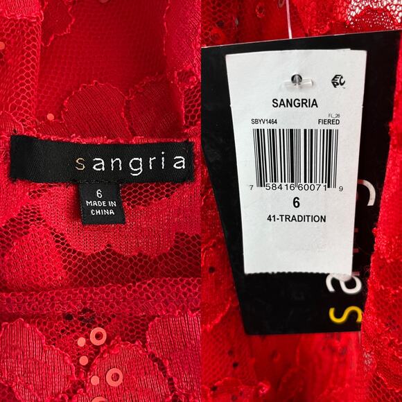 Sangria Dress Red Lace 6 Midi Sheer Neckline Stretch New - Picture 6 of 16